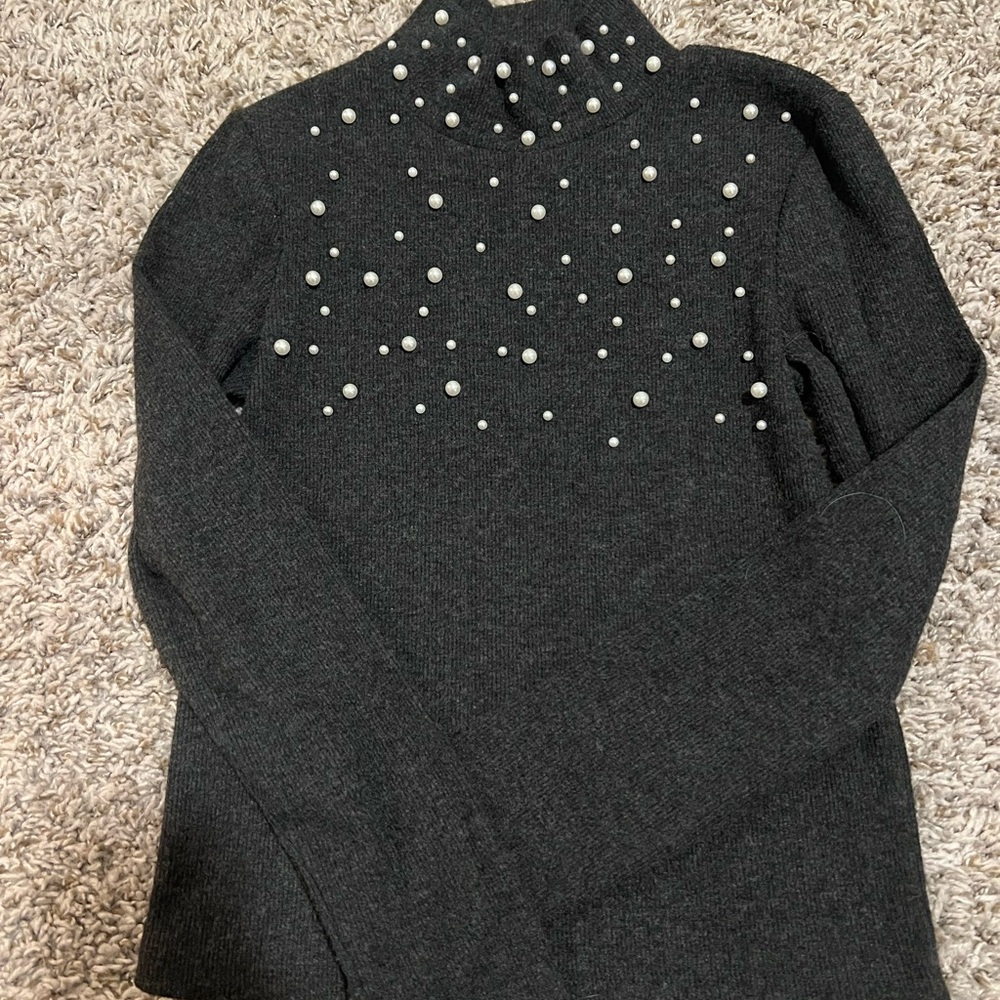 Zara Black Turtleneck Sweater with Polka Dot Pearls